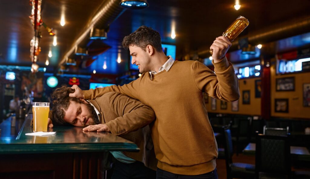 Soccer fans fighting at sport bar. Angry mad guy holding glass beer bottle attacks friend. Emotional people conflict at pub